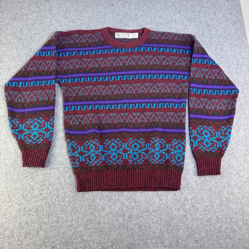 Westbury Knitwear Co Vintage Mens Large Geometric Fair Isle Sweater Made in USA